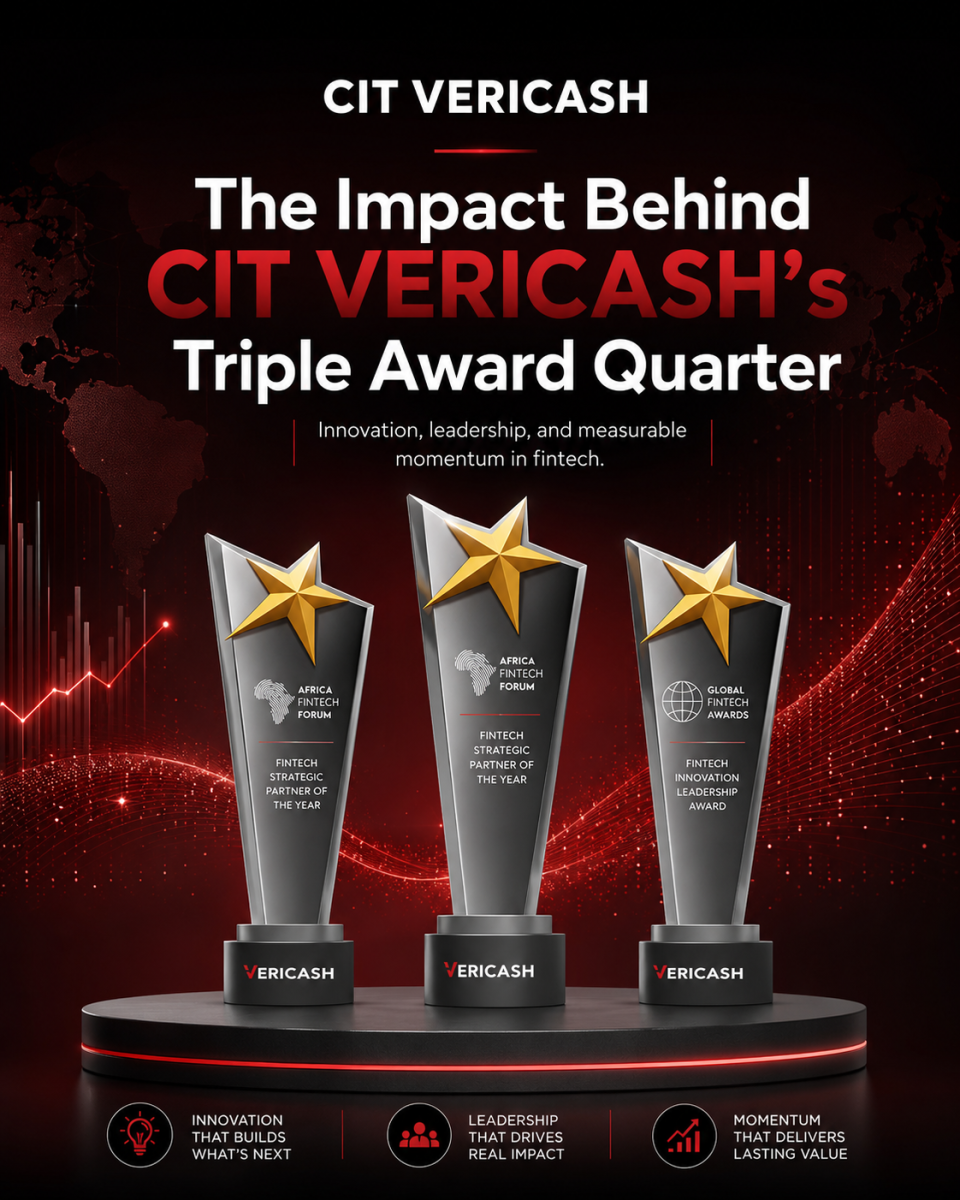 CIT VERICASH triple award quarter graphic featuring three trophies, fintech data visuals, and a red-black corporate background.