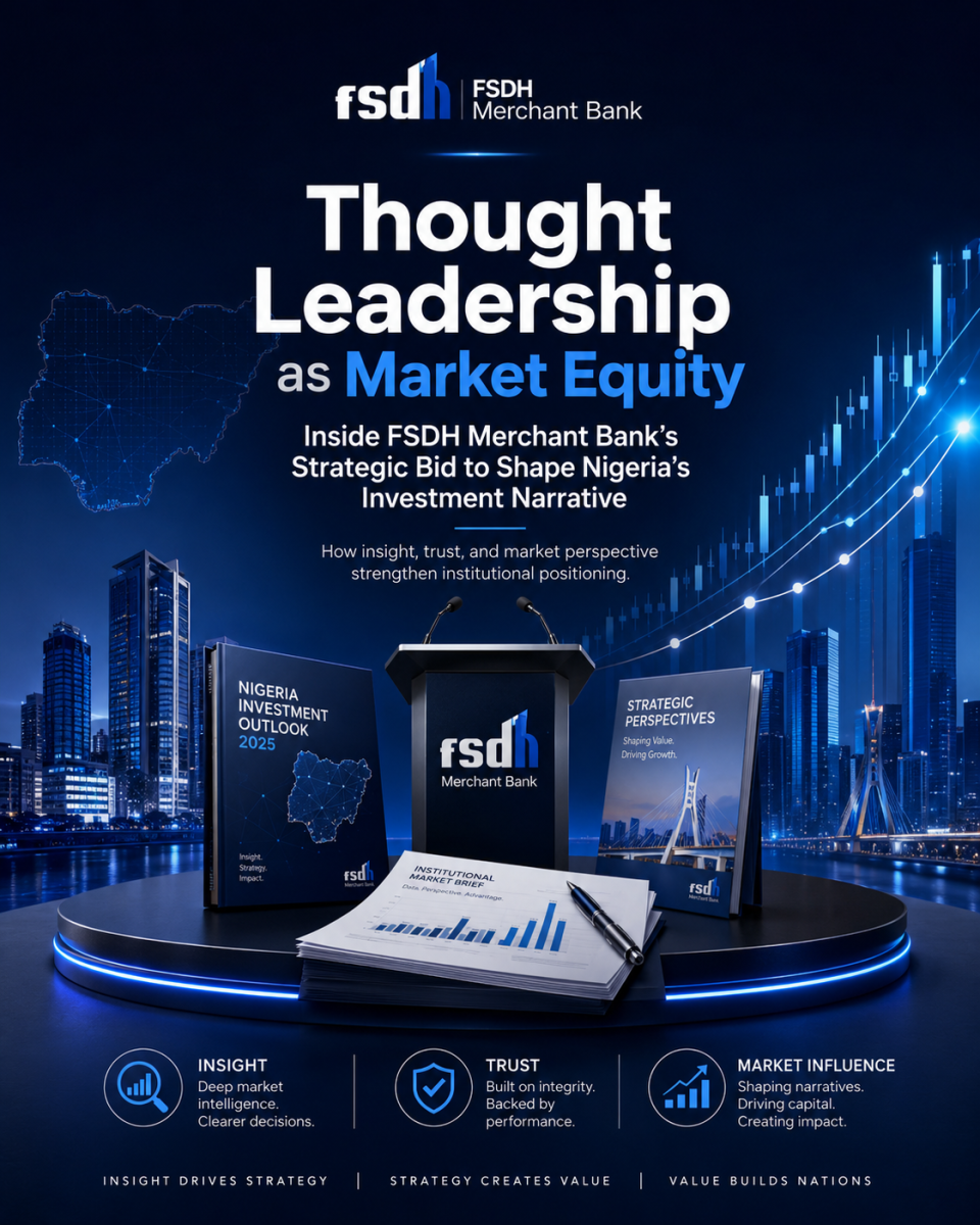 FSDH Merchant Bank thought leadership graphic showing Nigeria investment insights, market charts, financial reports, and institutional strategy visuals.